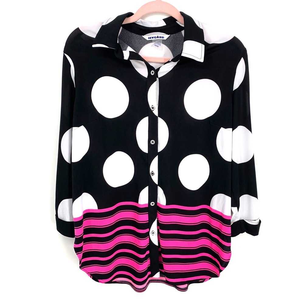 Nygard M Polka Dot Tunic Top Black White Pink Stripe Long Sleeve